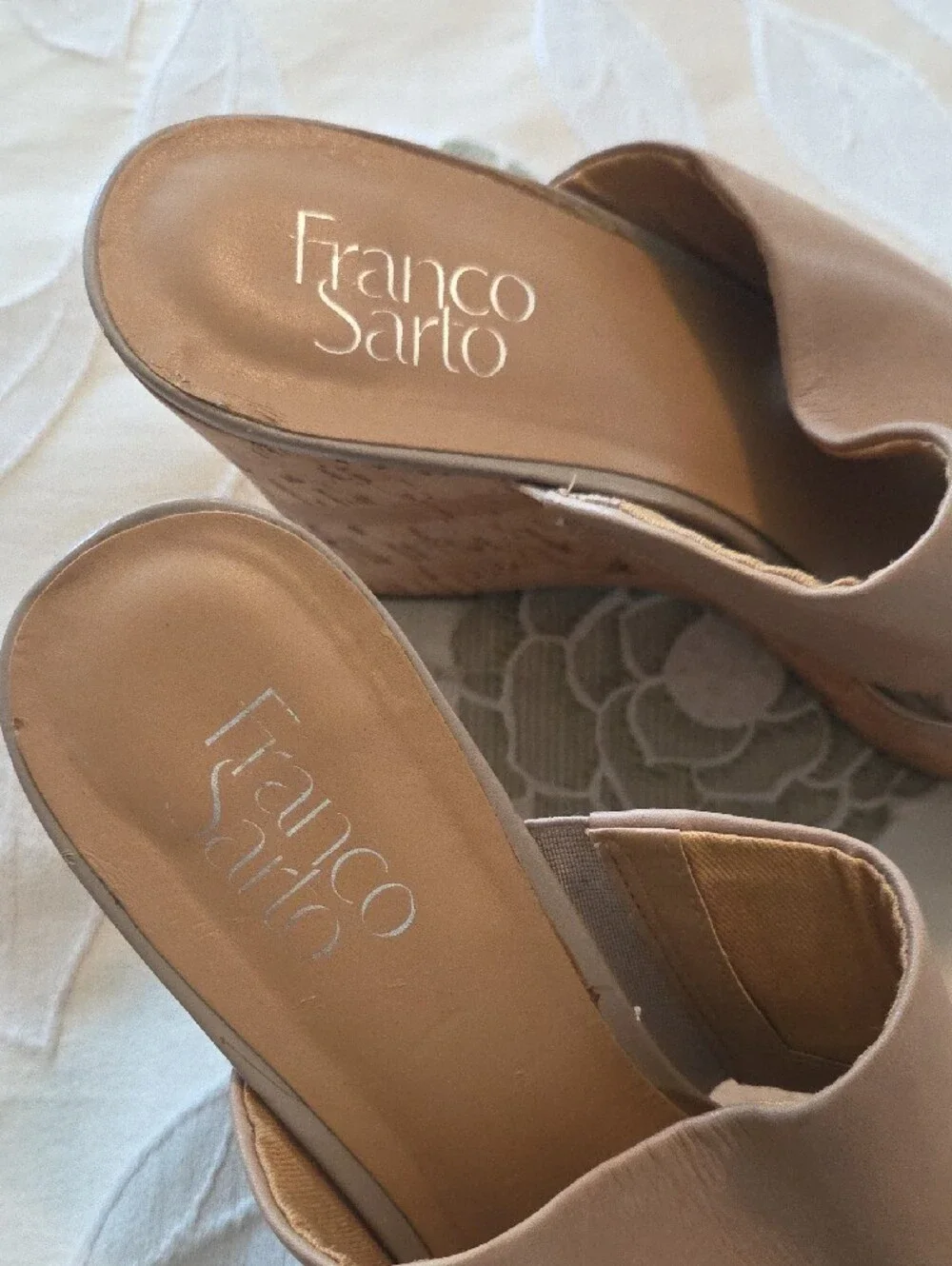 Franco Sarto Nude Leather Cork Wedge Mules